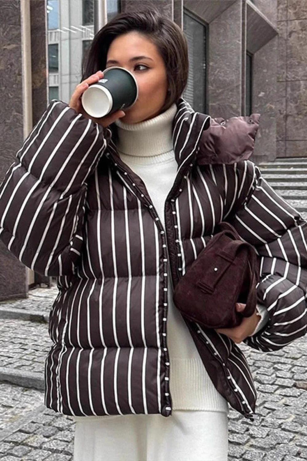 Stand Collar Striped Hooded Warm Quilted Coat Brown / S