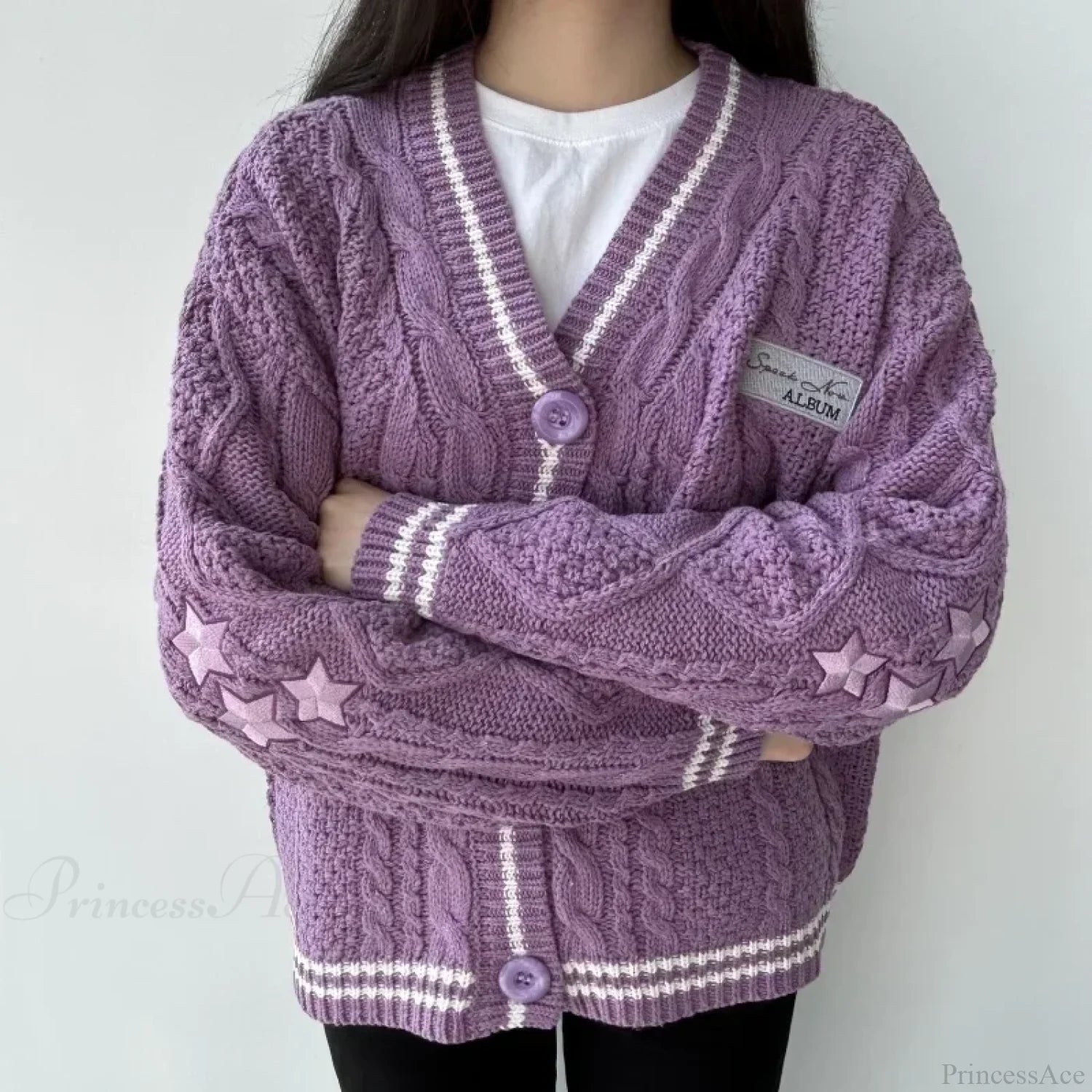 Star Embroidered V-neck Cardigan Purple / S
