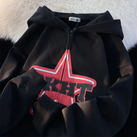 Star Print Retro Zipper Hoodie black / M