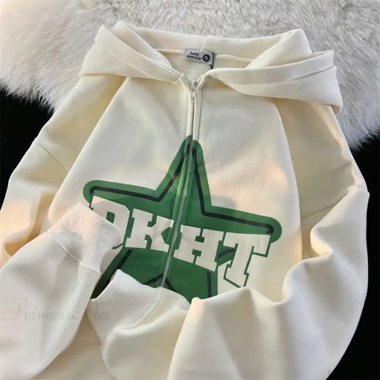 Star Print Retro Zipper Hoodie white / M