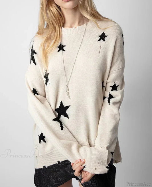 Star Ripped Cashmere Knit Pullover Casual Long Sleeve Knit Top Cream / S