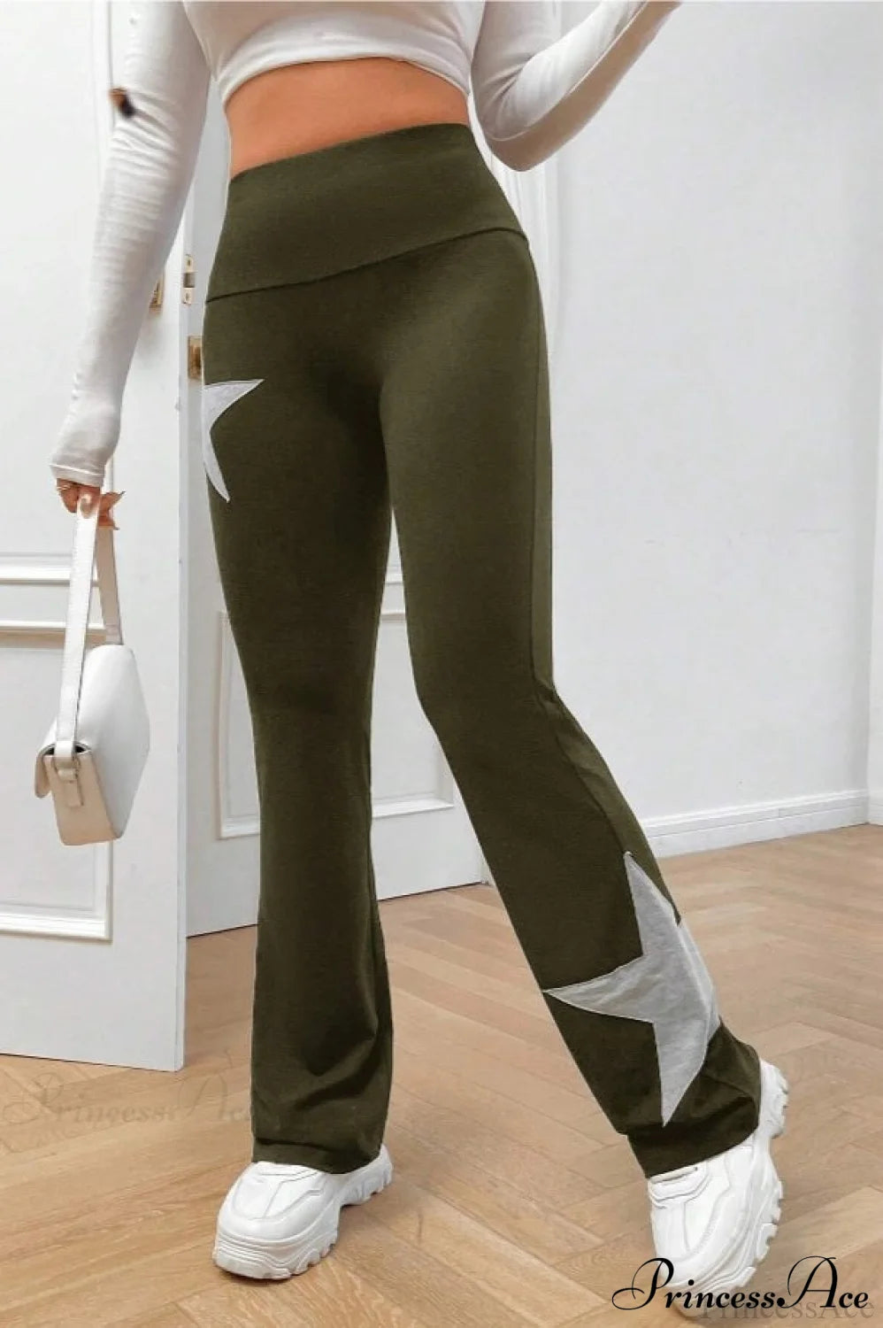 Star Stretchy High Waist Slim-Fit Flared Pants Green / S