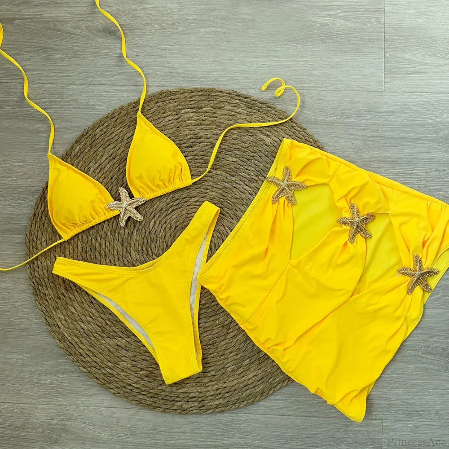Starfish Brazilian Black Three Piece Swimsuit yellow1 / S