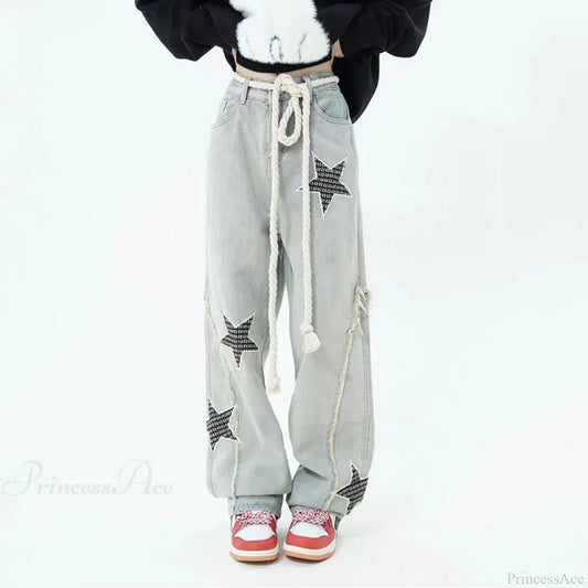 Stars Embroidery High Waist Jeans Pants Light Blue / S