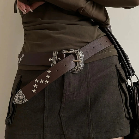 Stellar Rivet Y2K Gothic Metallic Buckle Belt coffee 103x3.3cm / one size