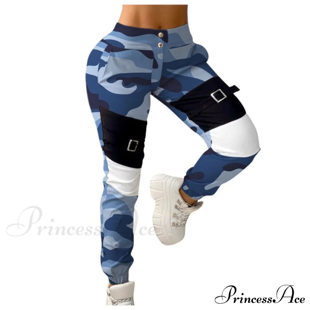 Stitching Camouflage Print Pants Blue / S