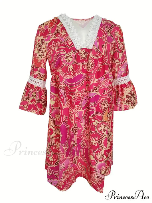 Stitching Lace And Design Gown With V Bohemian Flowered Neck S / Green Pink V Neck Maxi Dress