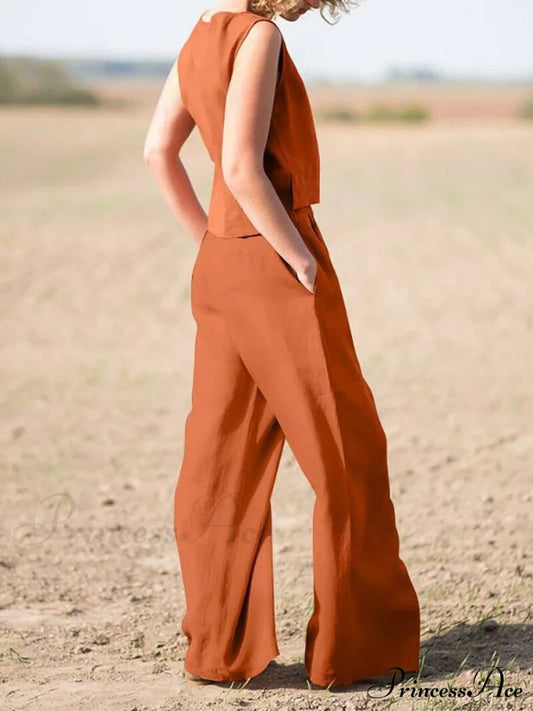 Straight Wide Set + For O-Neck Pants Two Blouse Sleeveless Solid Piece Top Color Vintage Suit Leg