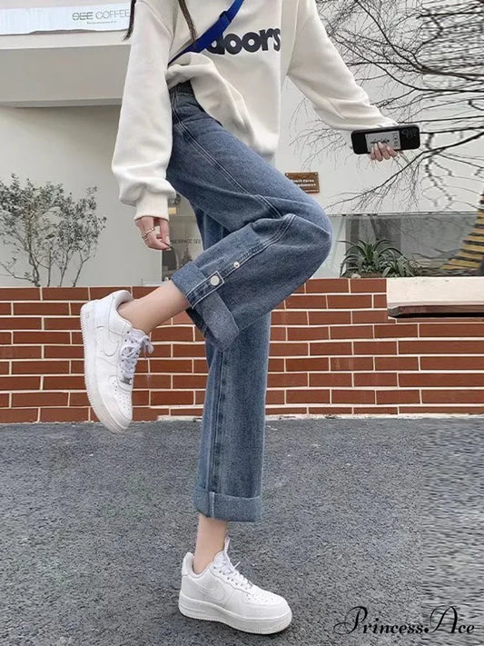 Straight Women’s Spring New Scheming Design Niche High Waist Thin Retro Wide Leg Jean Blue / S