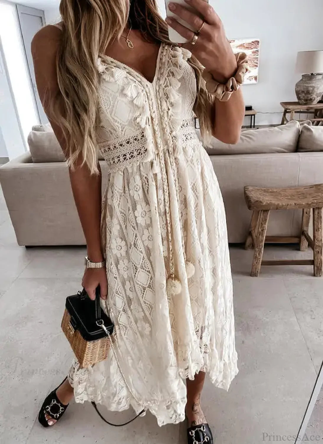 Strap Sleeveless Deep V-neck Tassel Lace Maxi White Boho Dress bohodress-250126