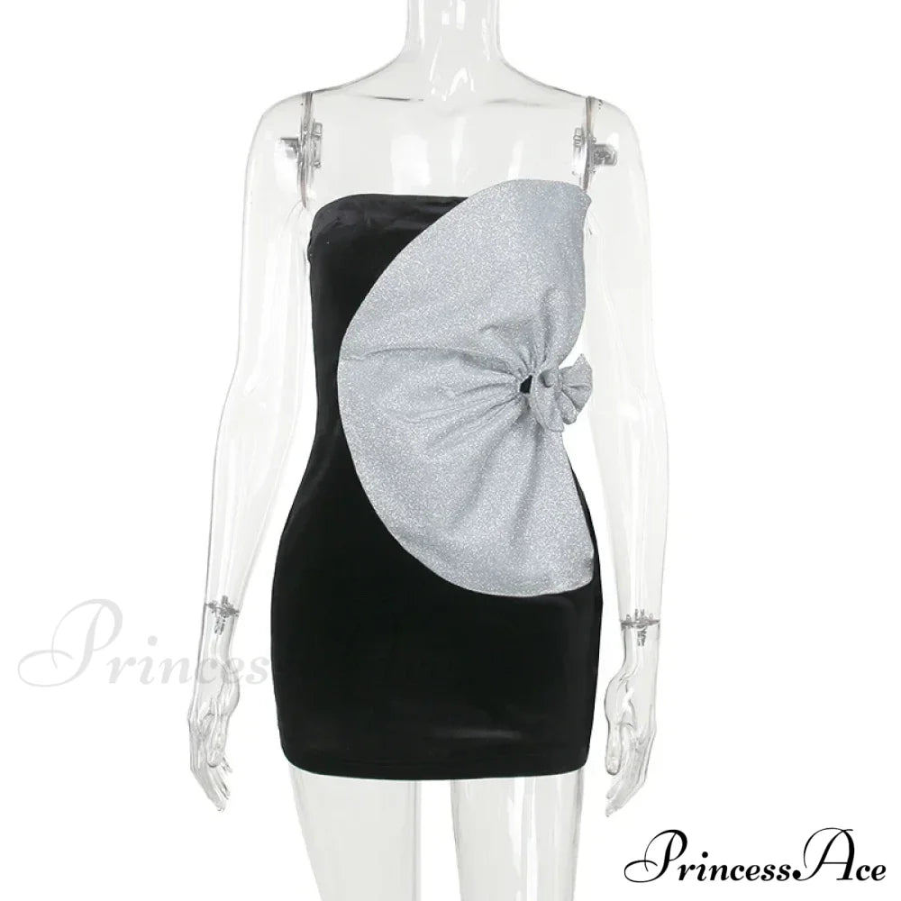 Strapless Backless Pleated Sexy Shinny Bow Mini Chic Patchwork Banquet Ball Evening Bodycon Dress