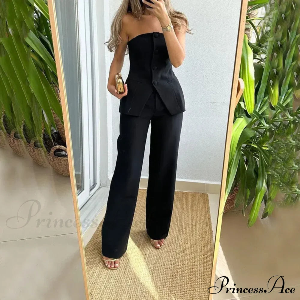 Strapless Button Top Long Pants Slim Party Sleeveless Suit