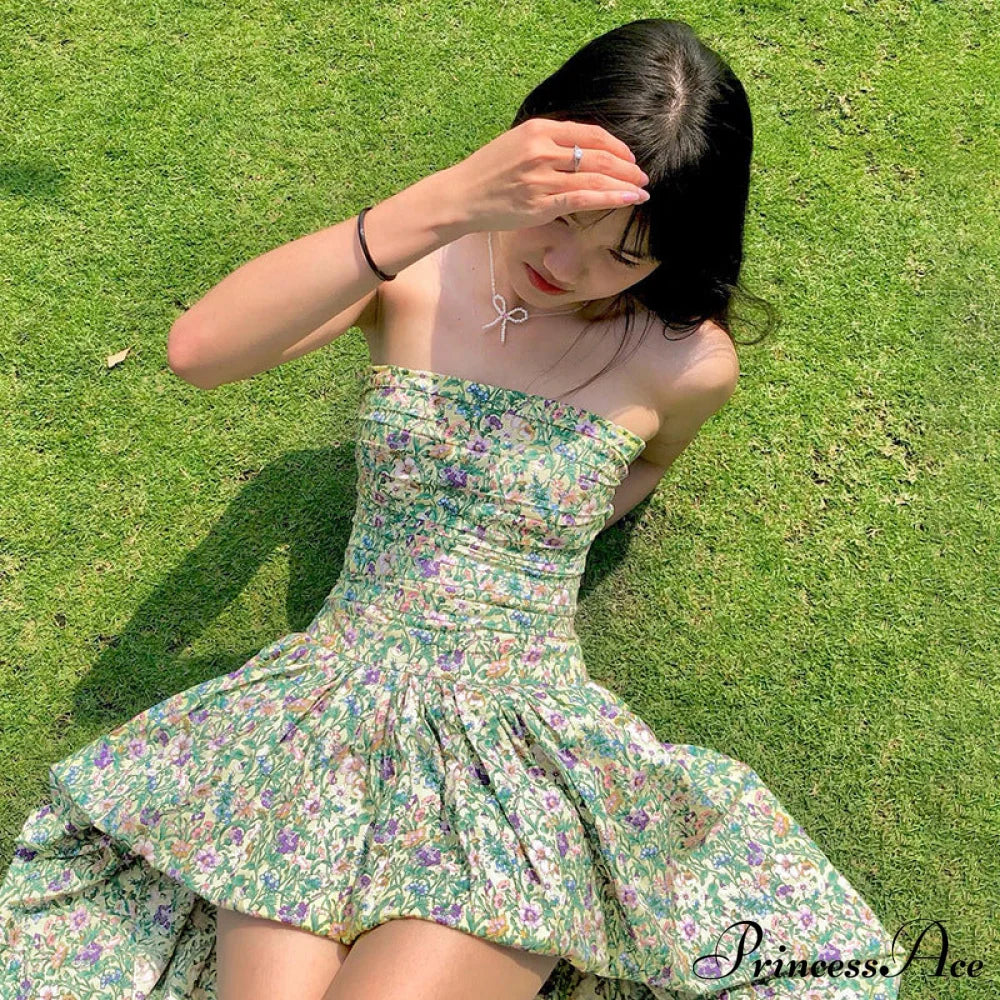 Strapless High Low Dress With Floral Print High Low Floral Beach Dress