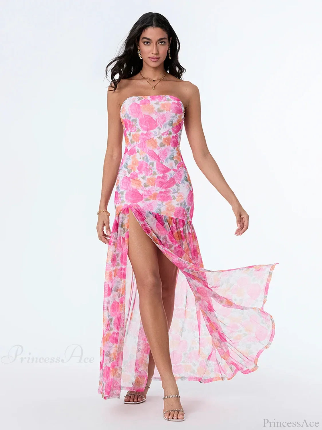 Strapless High Slit Mesh Hem Floral Dress floraldress-250126