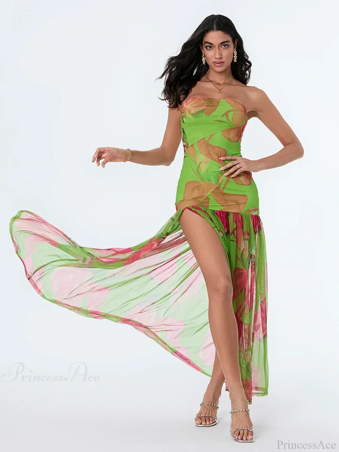 Strapless High Slit Mesh Hem Floral Dress floraldress-250126