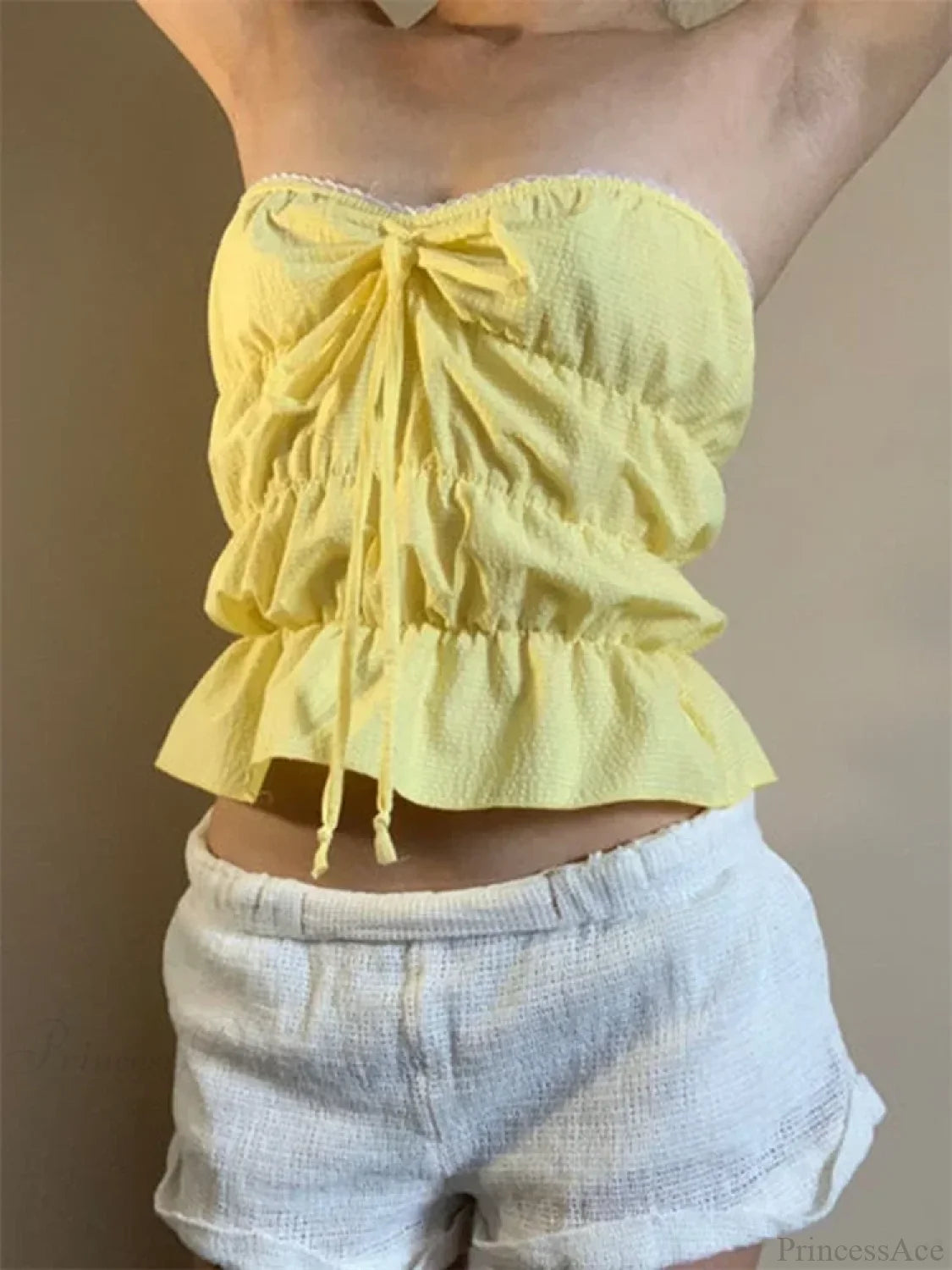 Strapless Plaid Ruched Backless Tube Crop Top croptop-250126