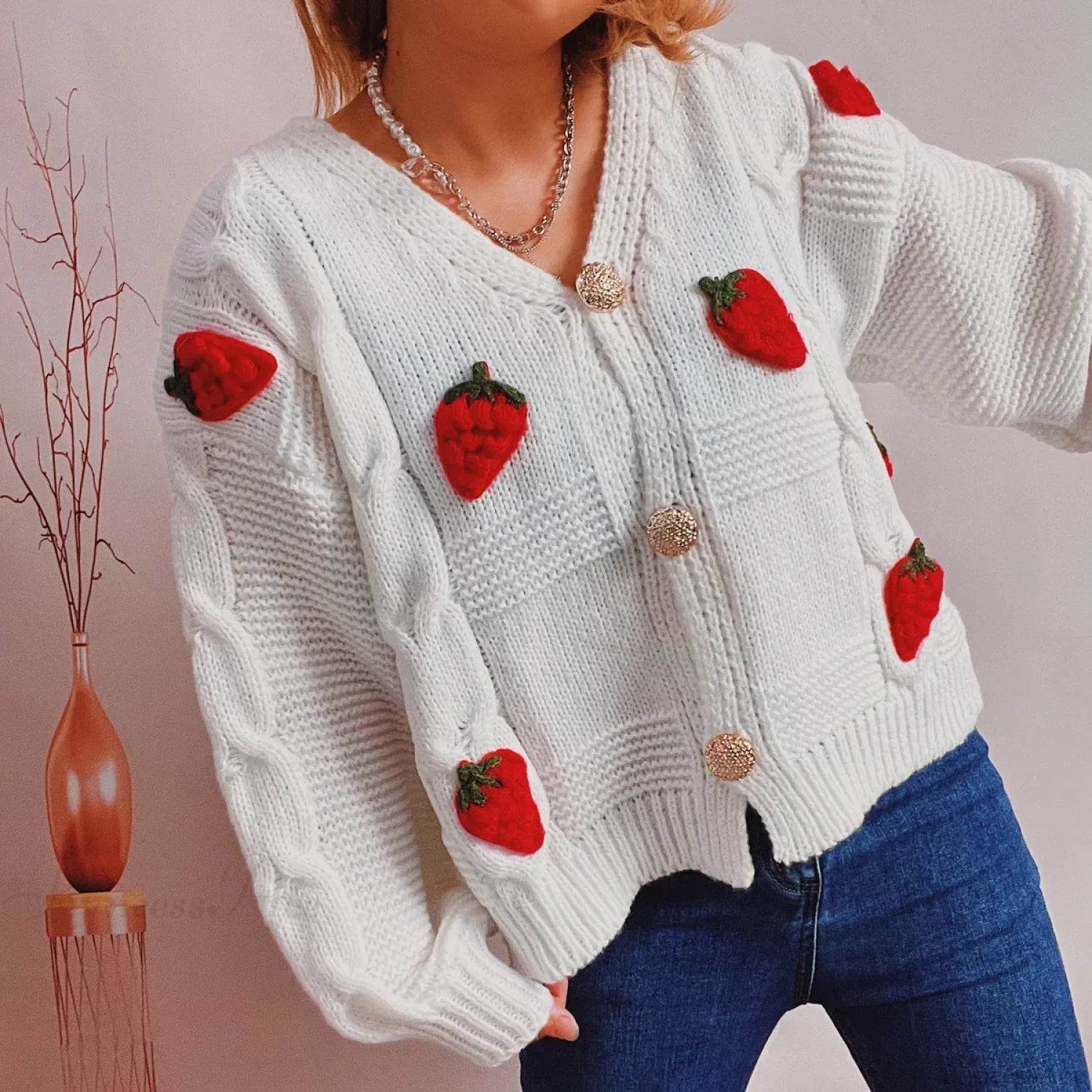 Strawberry Print Loose Fitting Knit Cardigan White / One Size cardiagn-250126