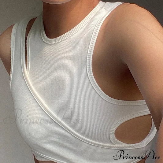 Streetwear Asymmetrical Two Piece Vest Summer Clothes For Women Casual Ribbed Crops Tank Top White