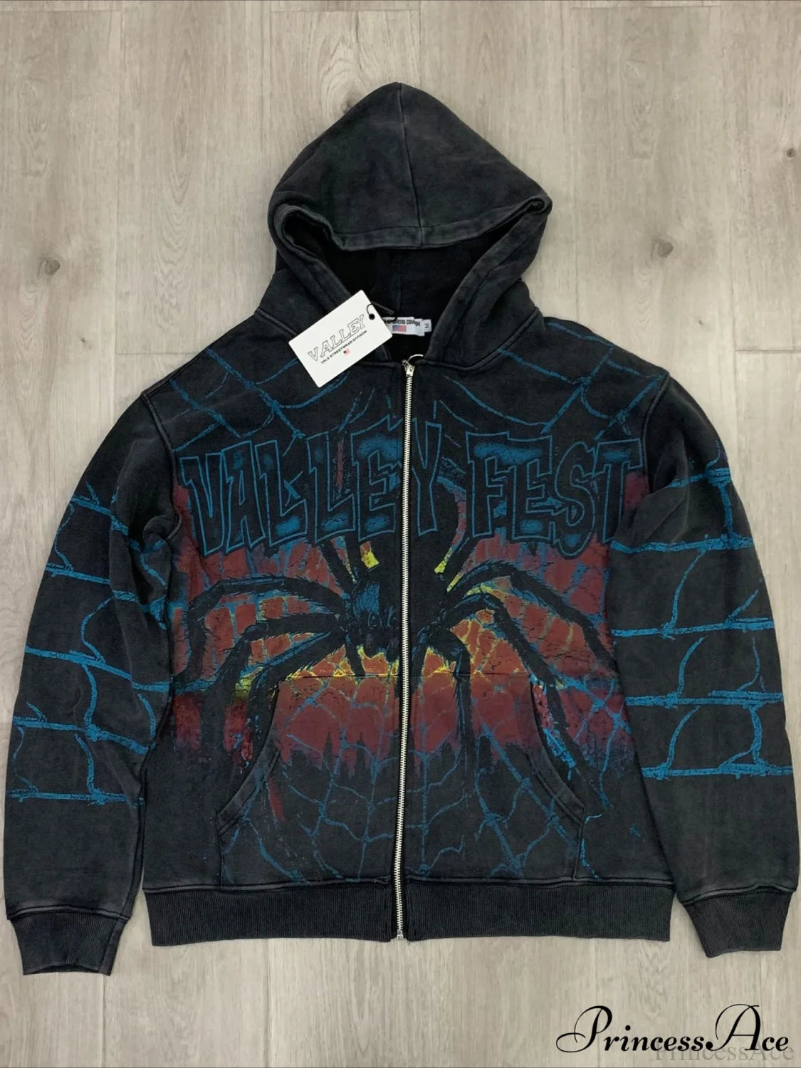 Streetwear Spider Web Vintage Print Zip Hoodie Black / S