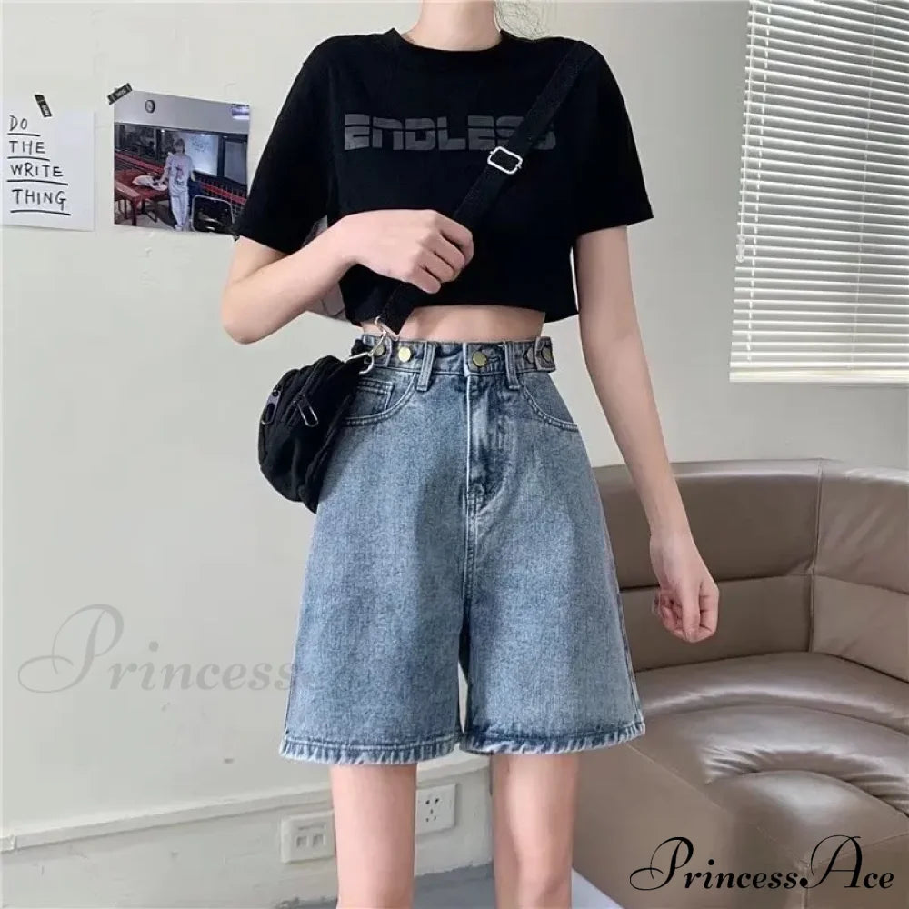 Streetwear Summer Half High-Waisted Belted Loose Female Short Fashion Jean