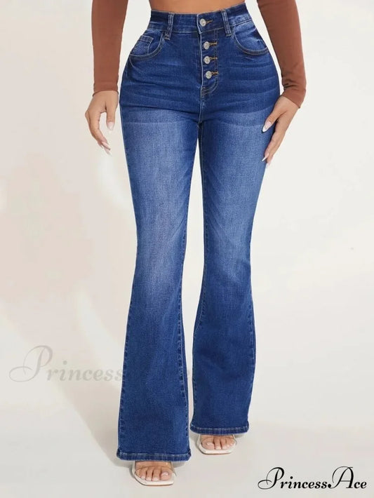 Stretch Slim Flare Button Fly High Waist Full Length Vintage Jean