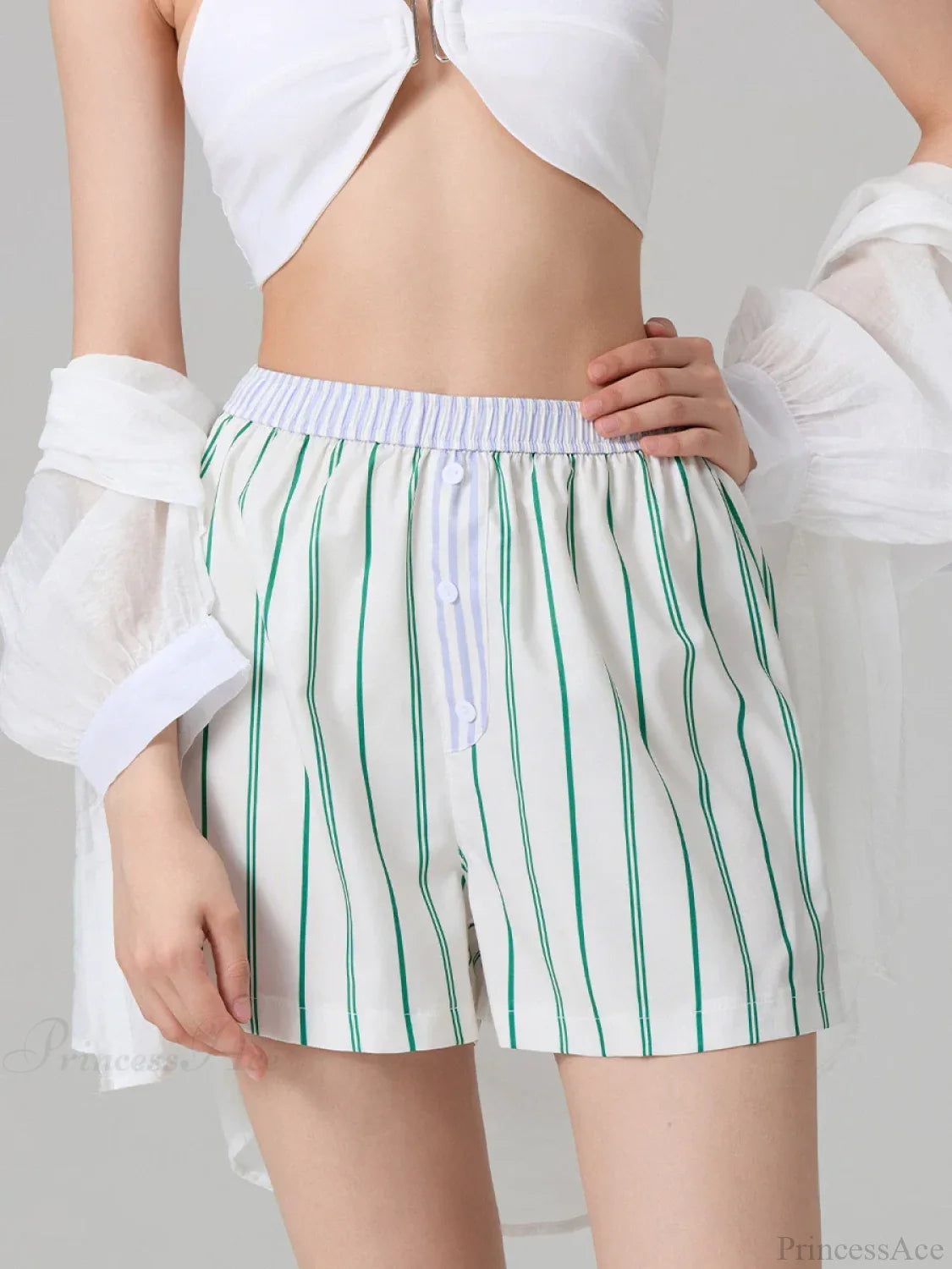 Stripe Button Elastic Waist Short short-250223