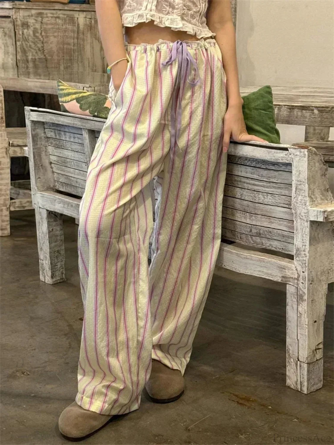 Stripe Drawstring Wide Leg Casual Sweatpant Pant Yellow / S pant-250223