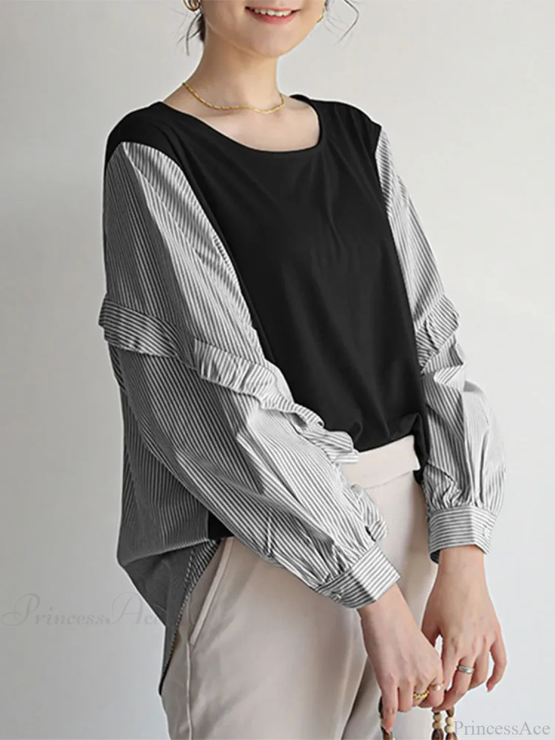 Stripe Patchwork Ruffled Casual Blouse Black / S blouse-250126
