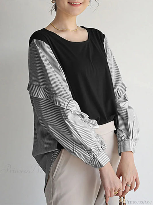 Stripe Patchwork Ruffled Casual Blouse Black / S blouse-250126