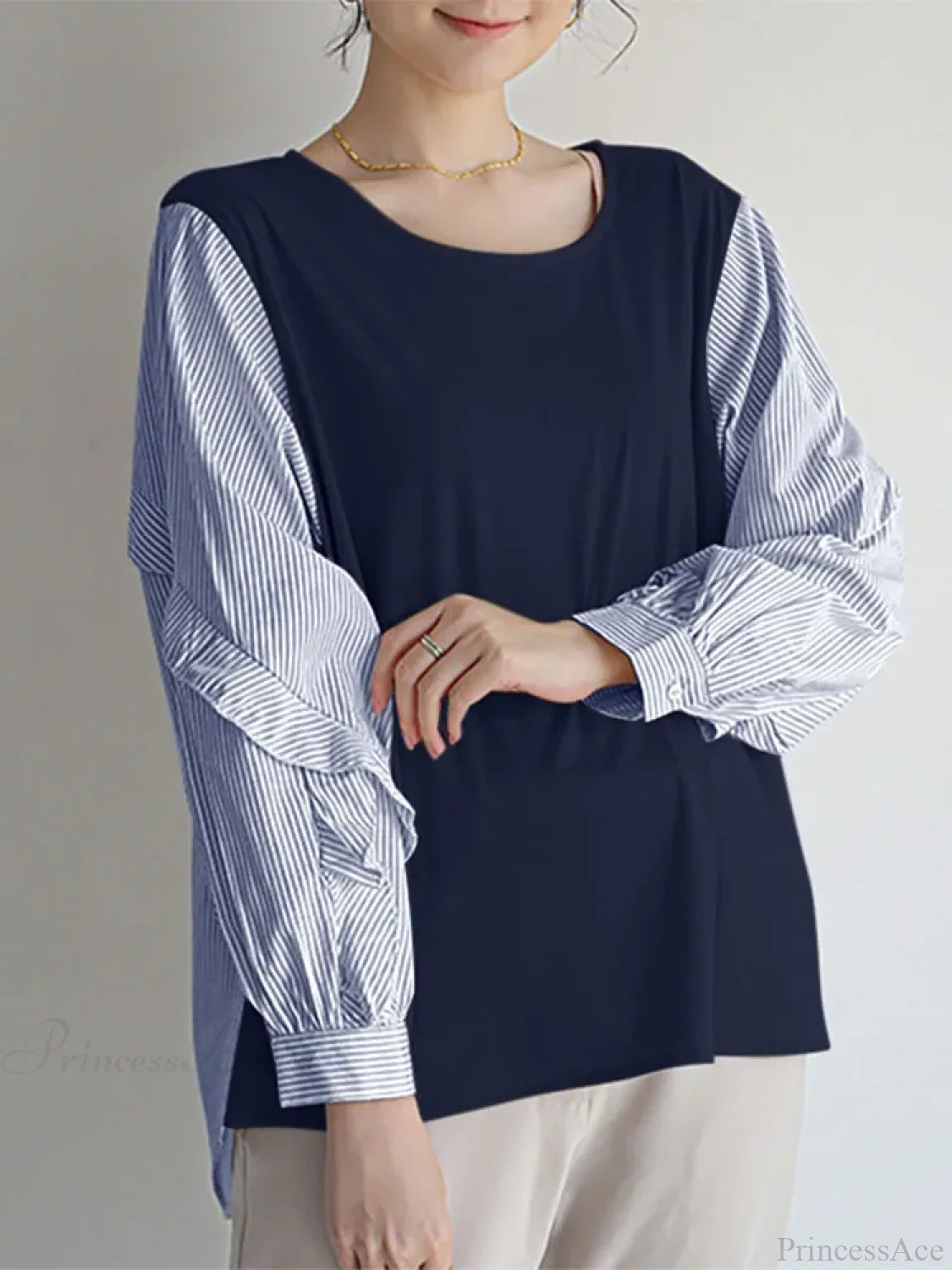 Stripe Patchwork Ruffled Casual Blouse Dark Blue / S blouse-250126