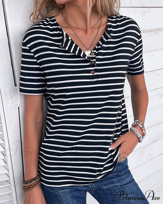 Short Sleeve Striped T-Shirt Black 23BF clothes Short Sleeve Tops Spring Summer T-SHIRTS Tops/Blouses