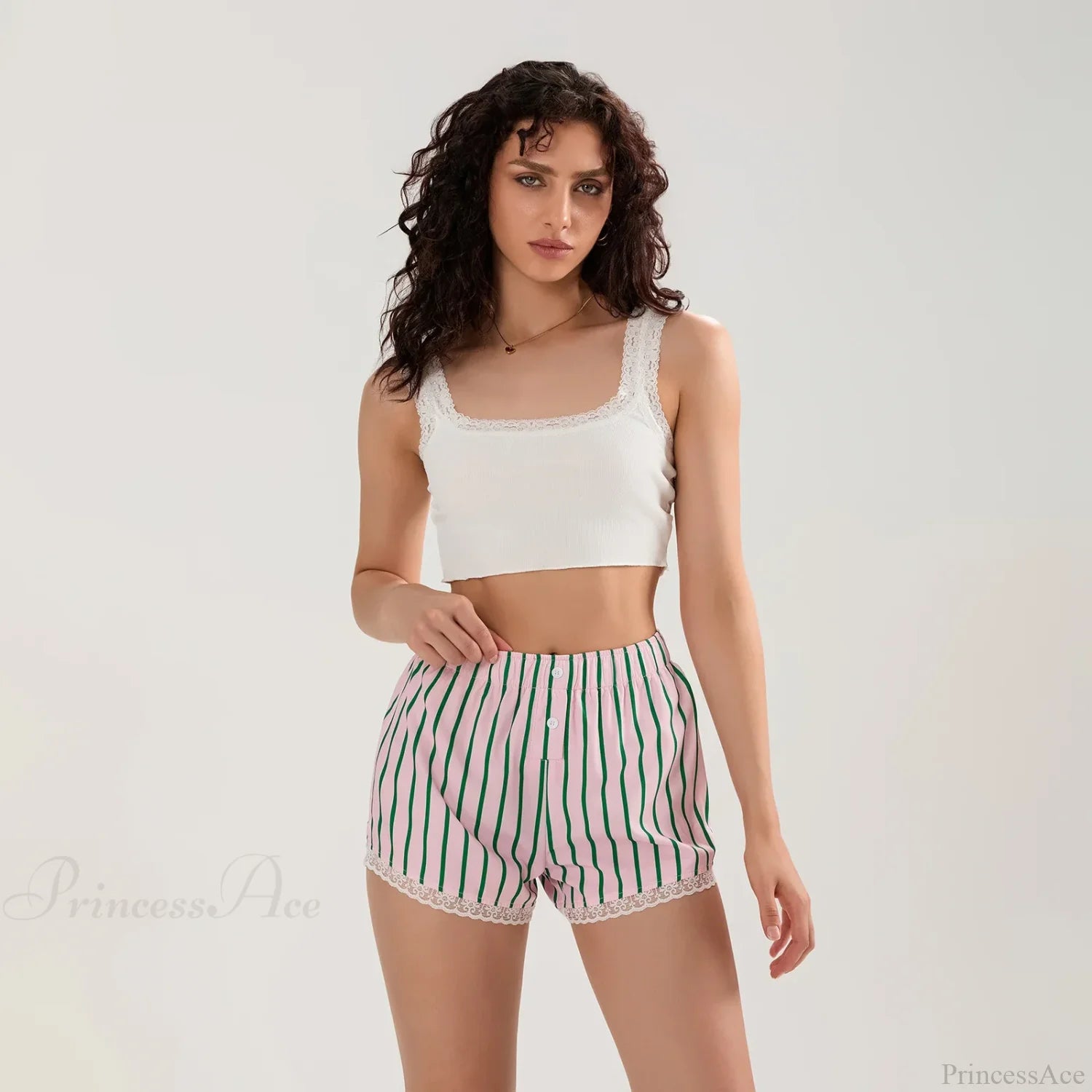 Striped Button Lace Trim Short short-250223