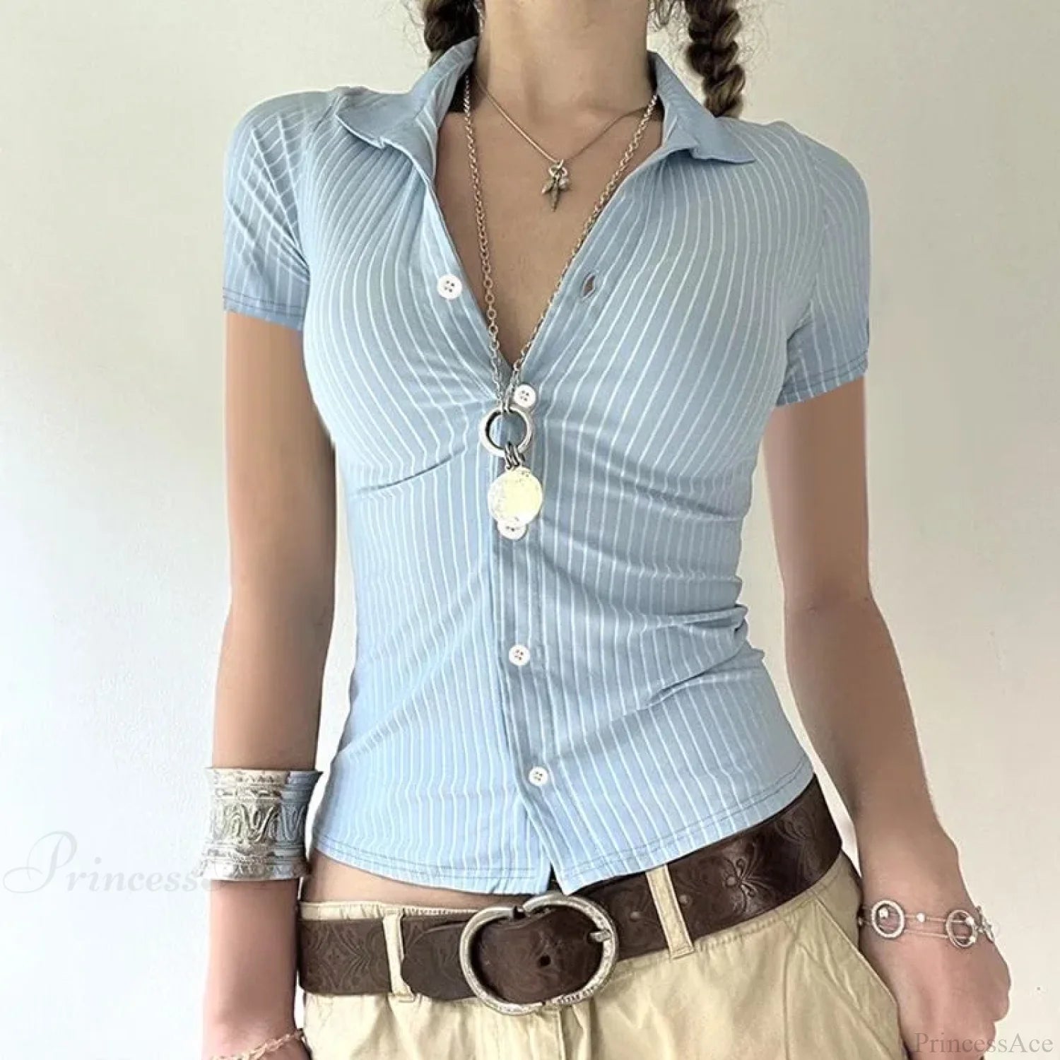 Striped Button-Up Collar Blouse blue / S blouse-250126