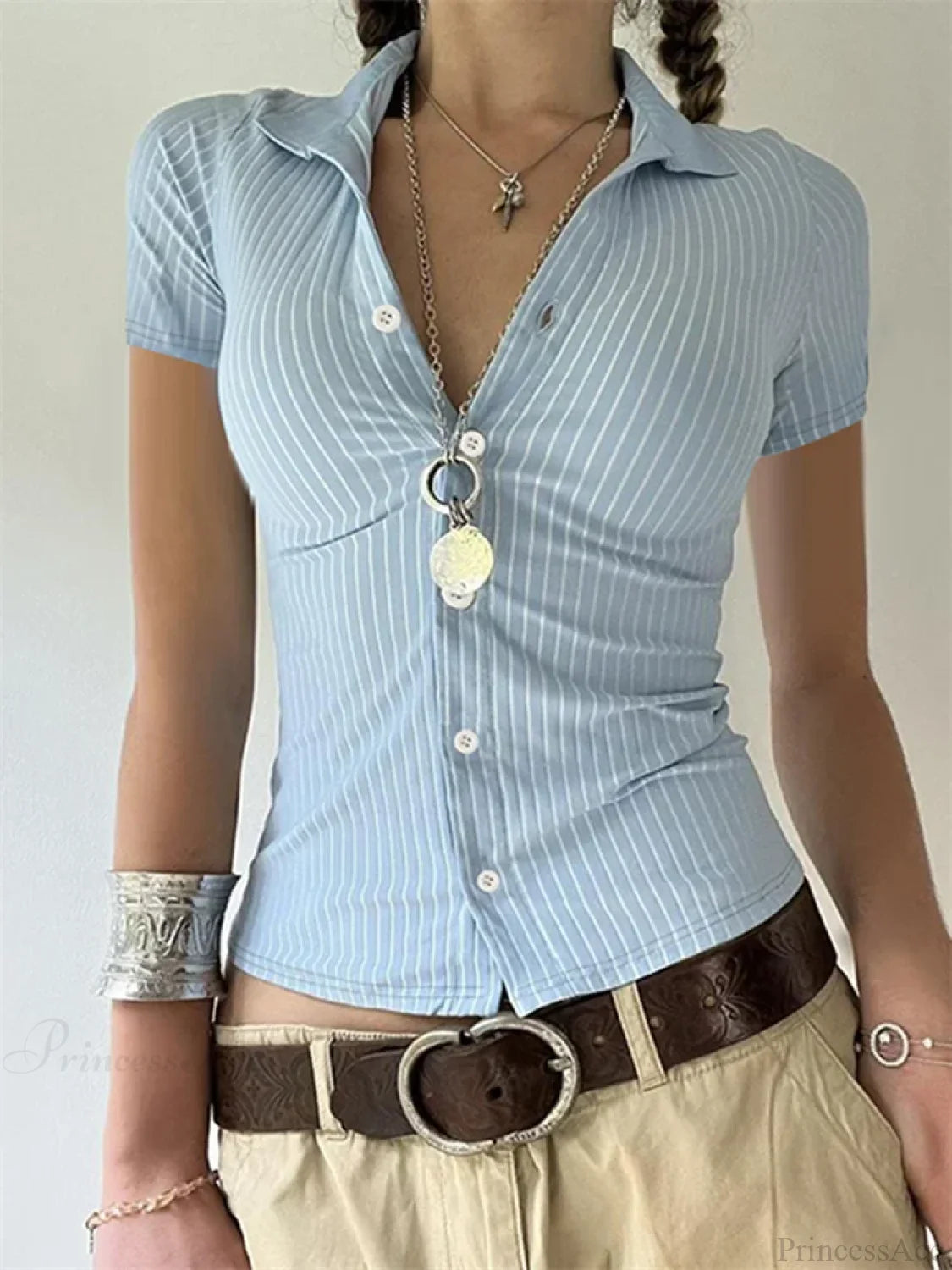 Striped Button-Up Slim Fit Blouse blouse-250223