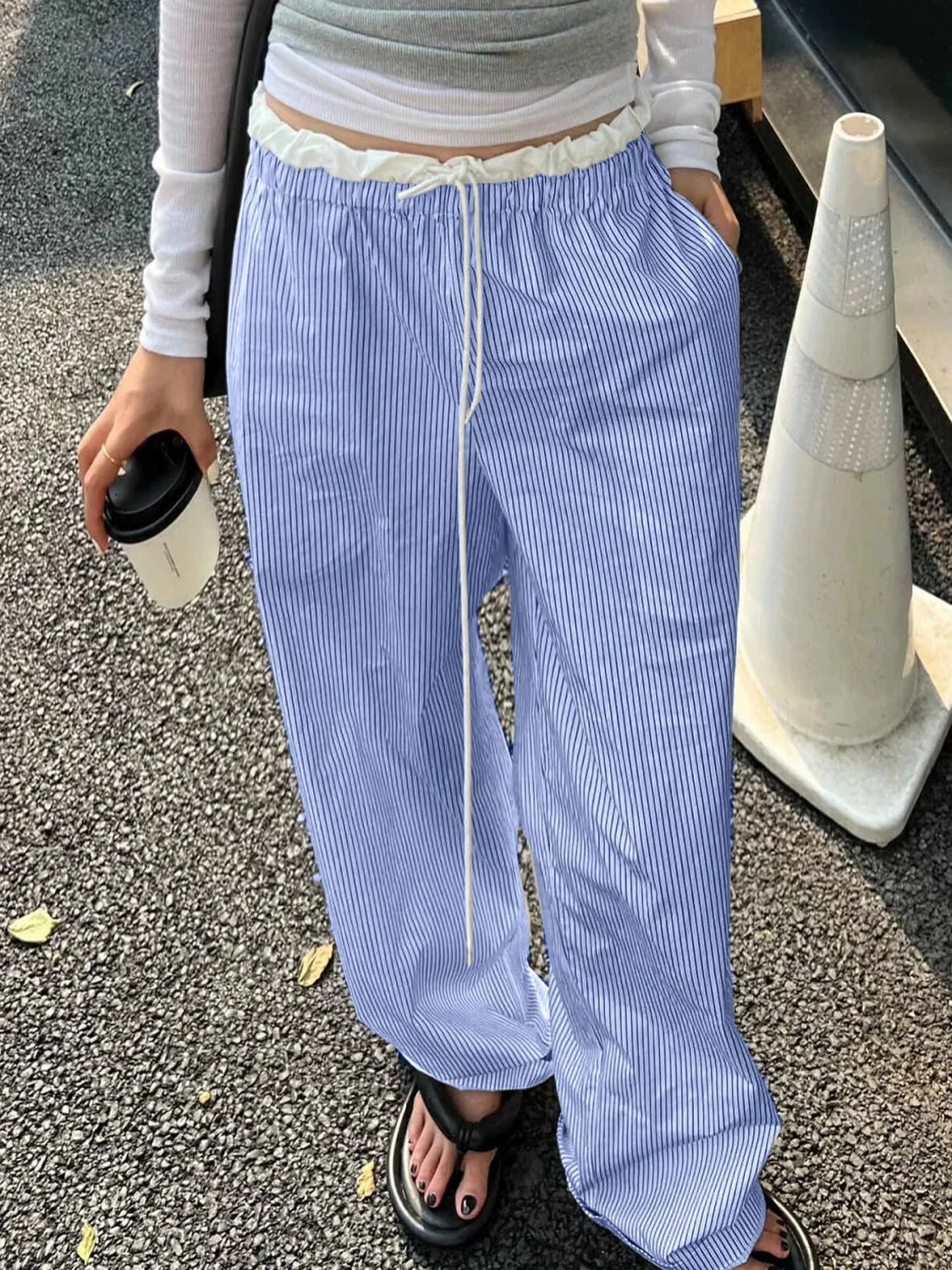 Striped Casual Ruched Vintage Sweet Straight Pant pant-250223