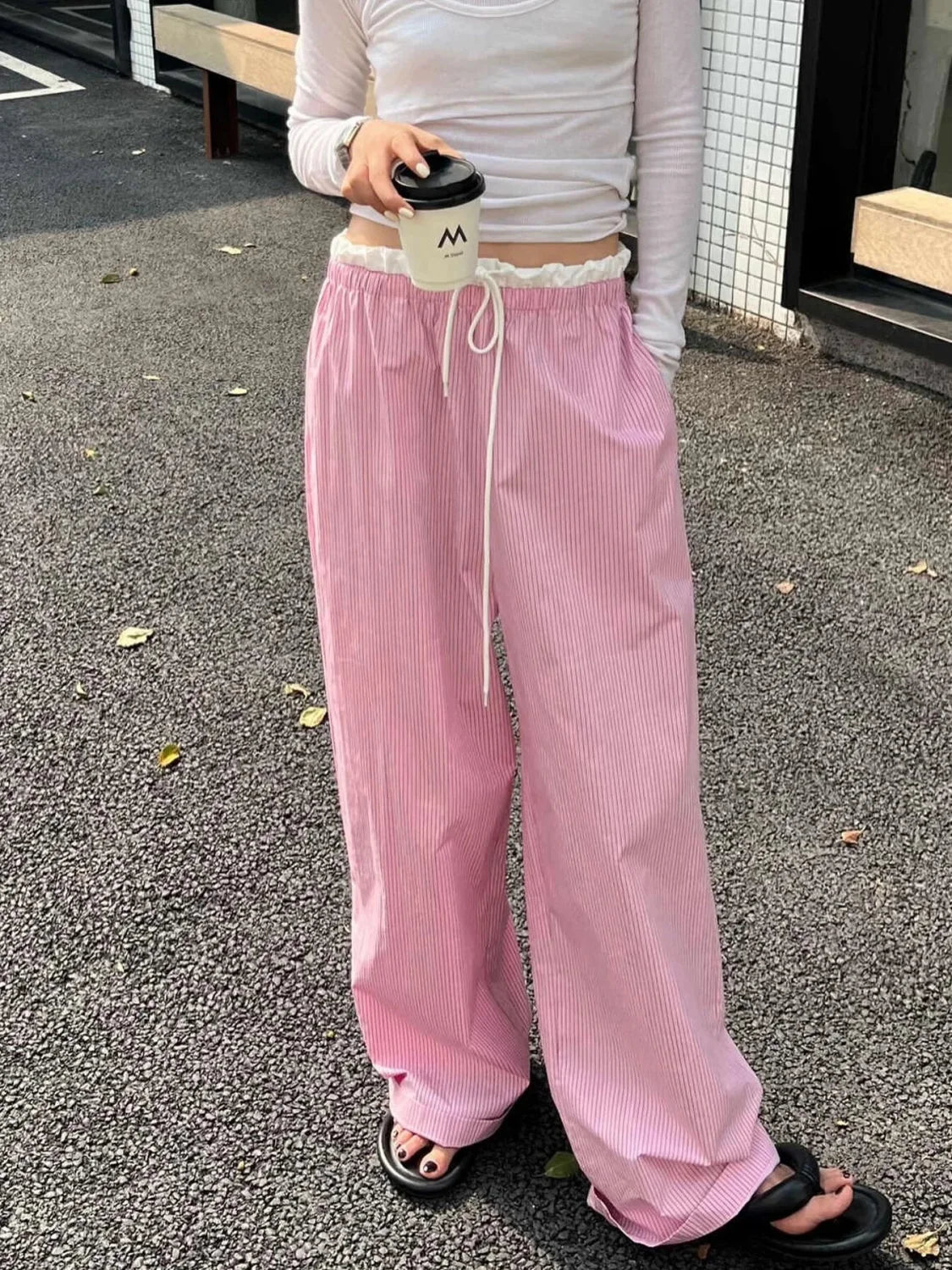 Striped Casual Ruched Vintage Sweet Straight Pant Pink / S pant-250223