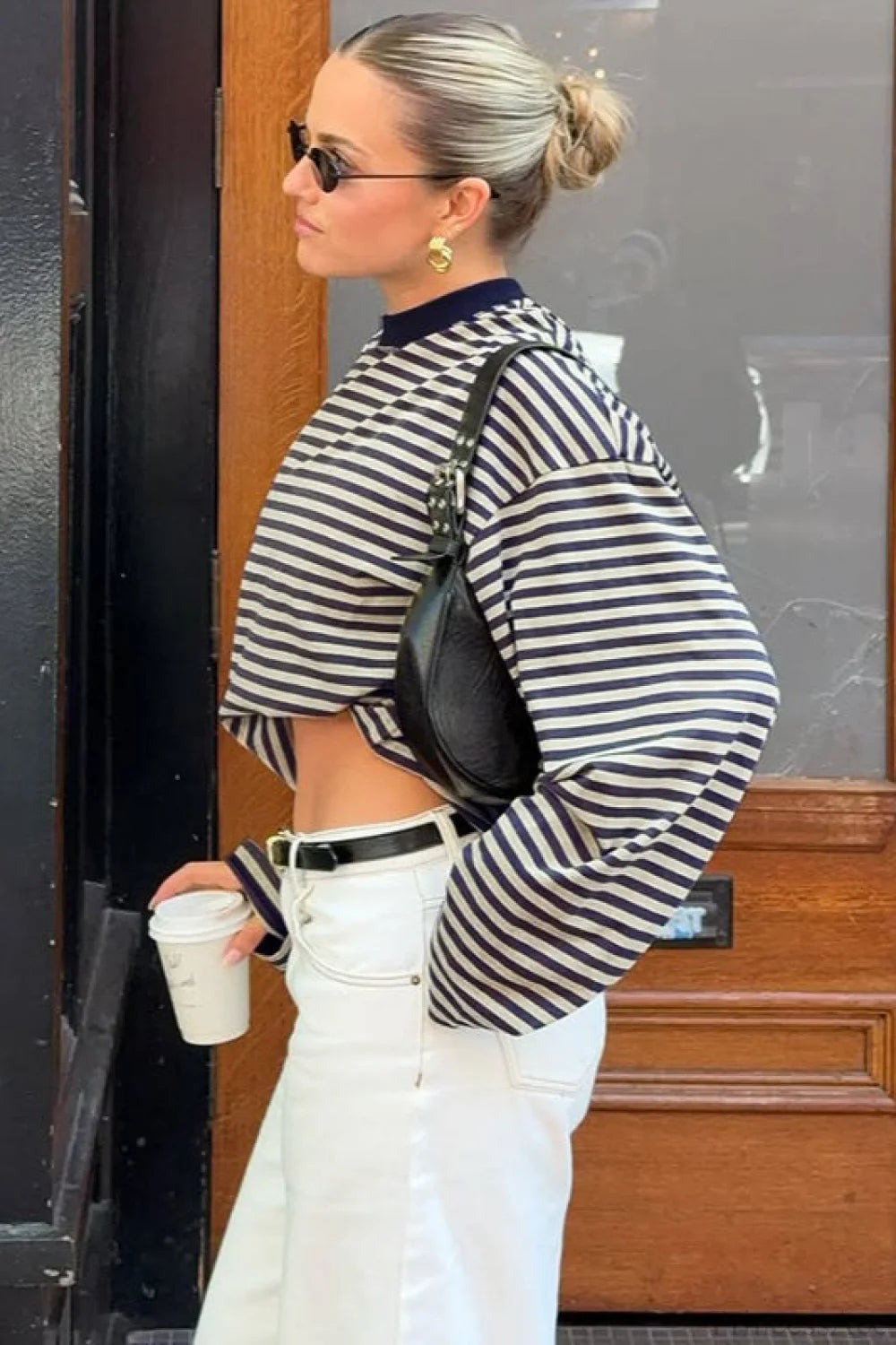 Striped Color Block Crew Neck Loose Long Sleeve Tee