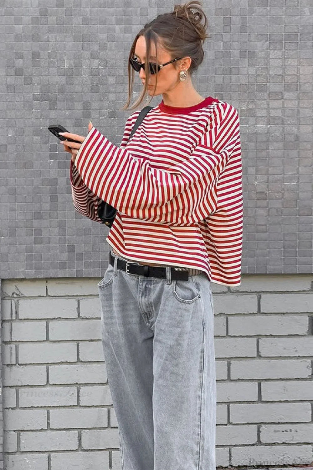 Striped Color Block Crew Neck Loose Long Sleeve Tee Red / S