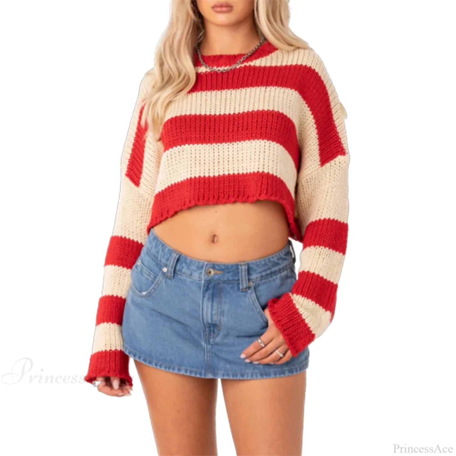 Striped Crew Neck Loose Sweater Red / S