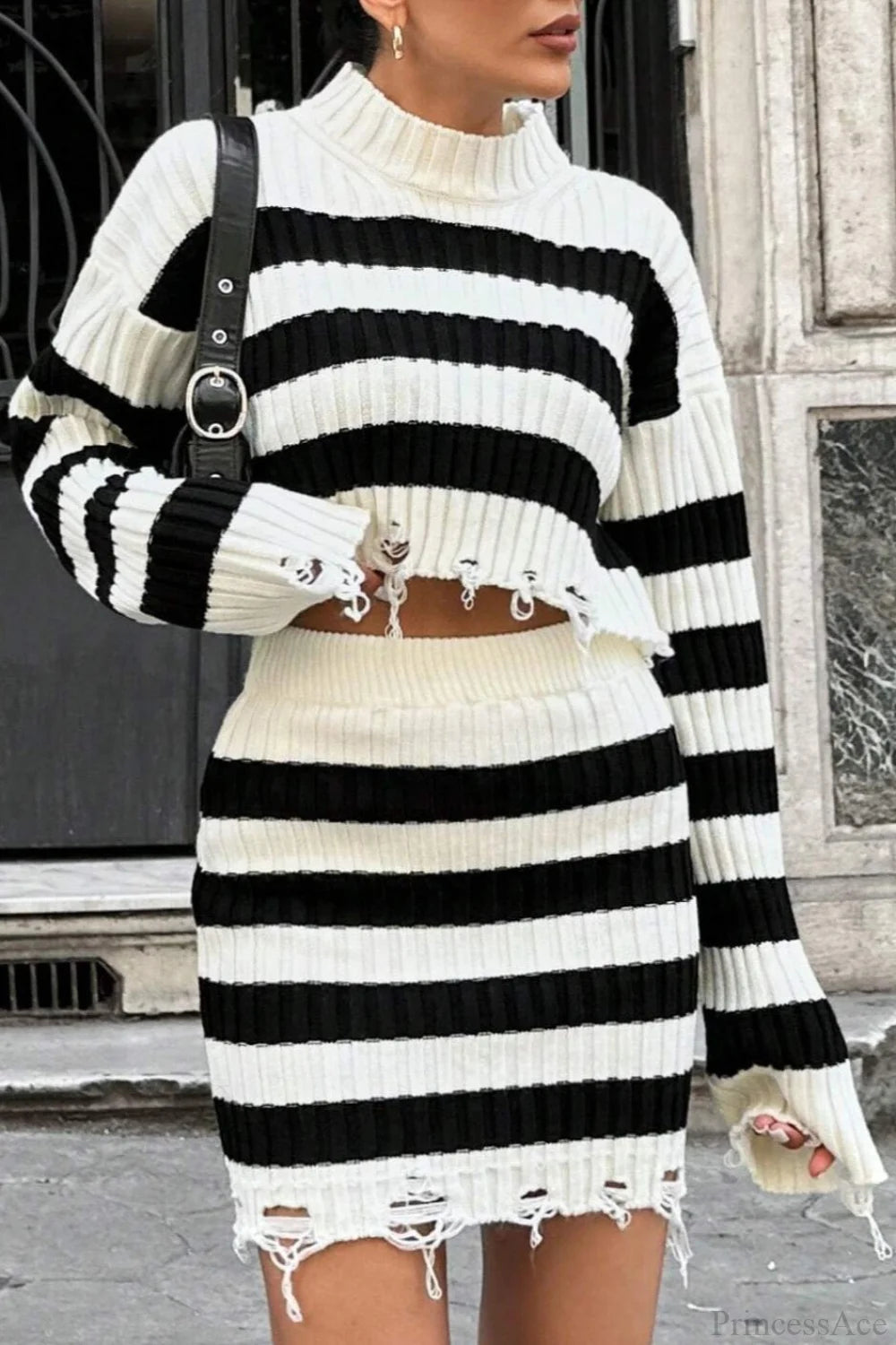 Striped Distressed Knit Cropped Sweater Skirt Two Piece Set Black / S