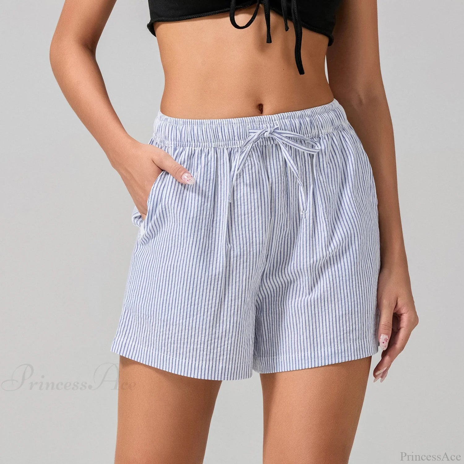 Striped Drawstring Wide Leg Short short-250223