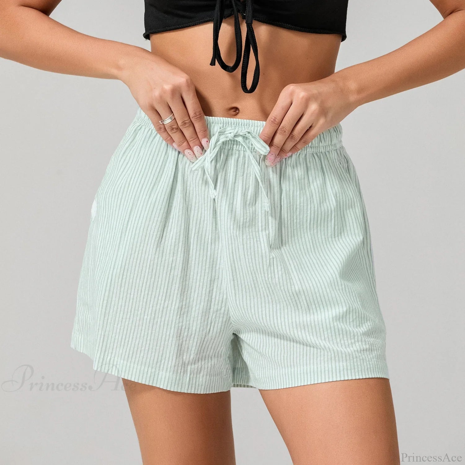 Striped Drawstring Wide Leg Short green / XS short-250223