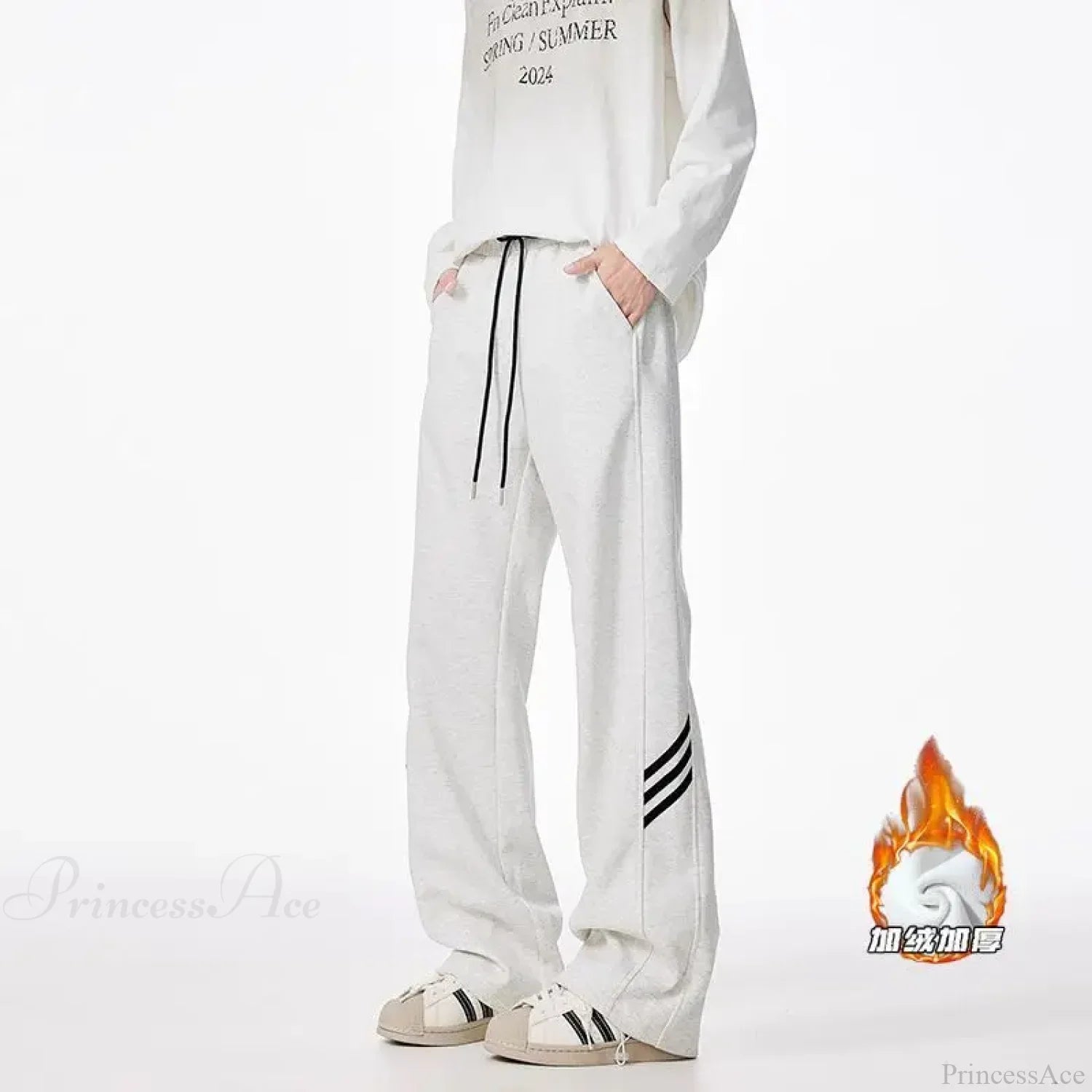 Striped Fleece Motion Loose Pants gray / S