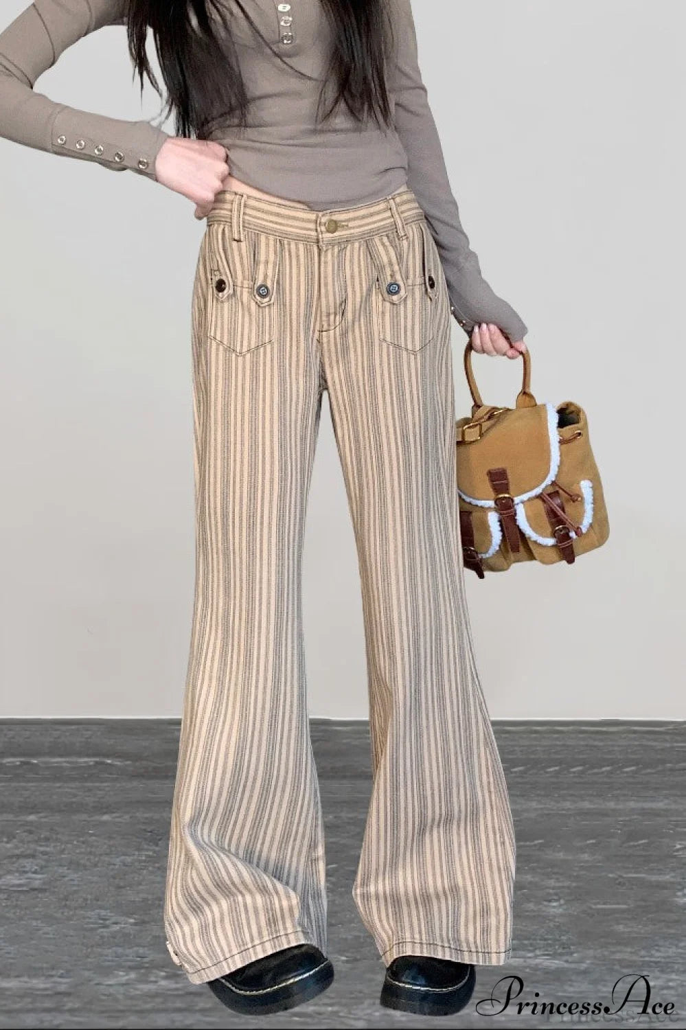 Striped Khaki Low Waist Slim Flared Jeans
