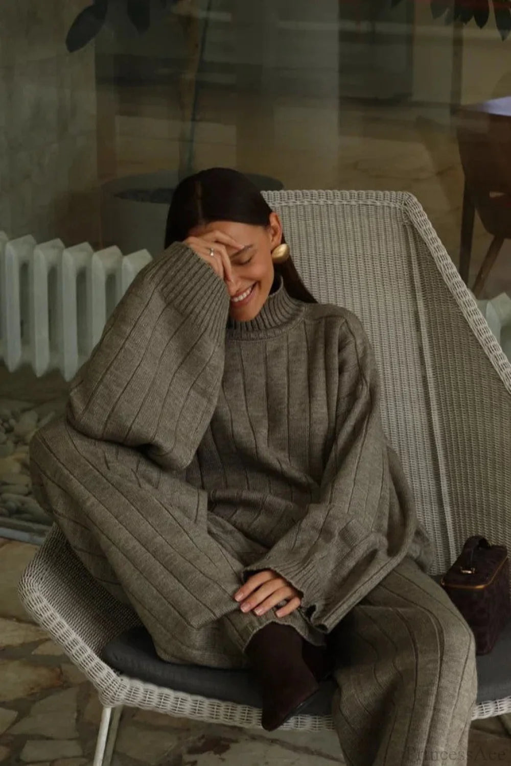 Striped Knit Elegant Sweater Wide-Leg Pants Two Piece Set