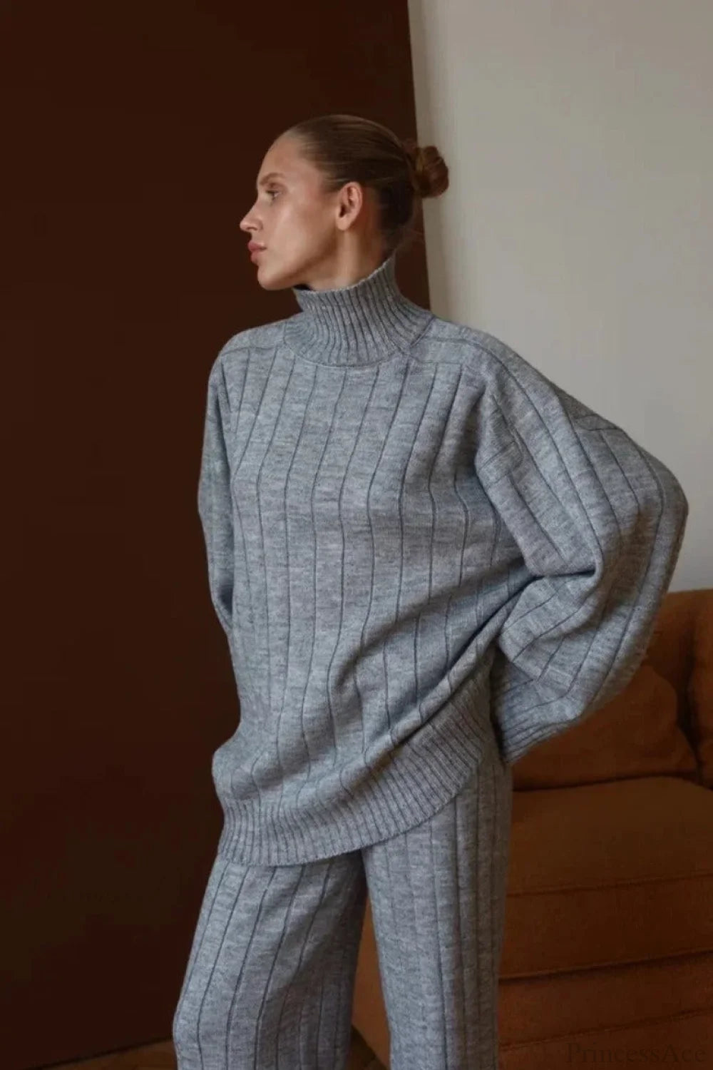 Striped Knit Elegant Sweater Wide-Leg Pants Two Piece Set