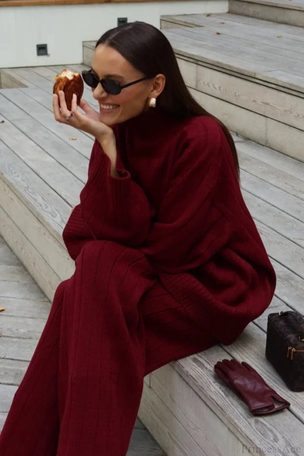 Striped Knit Elegant Sweater Wide-Leg Pants Two Piece Set