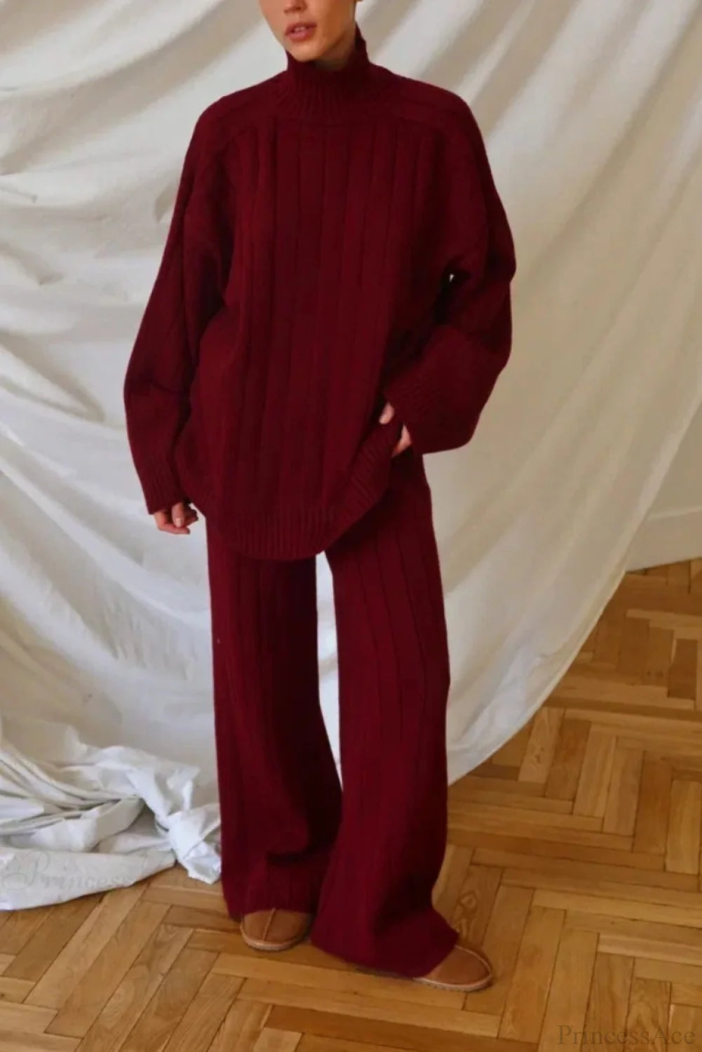 Striped Knit Elegant Sweater Wide-Leg Pants Two Piece Set Burgundy / S