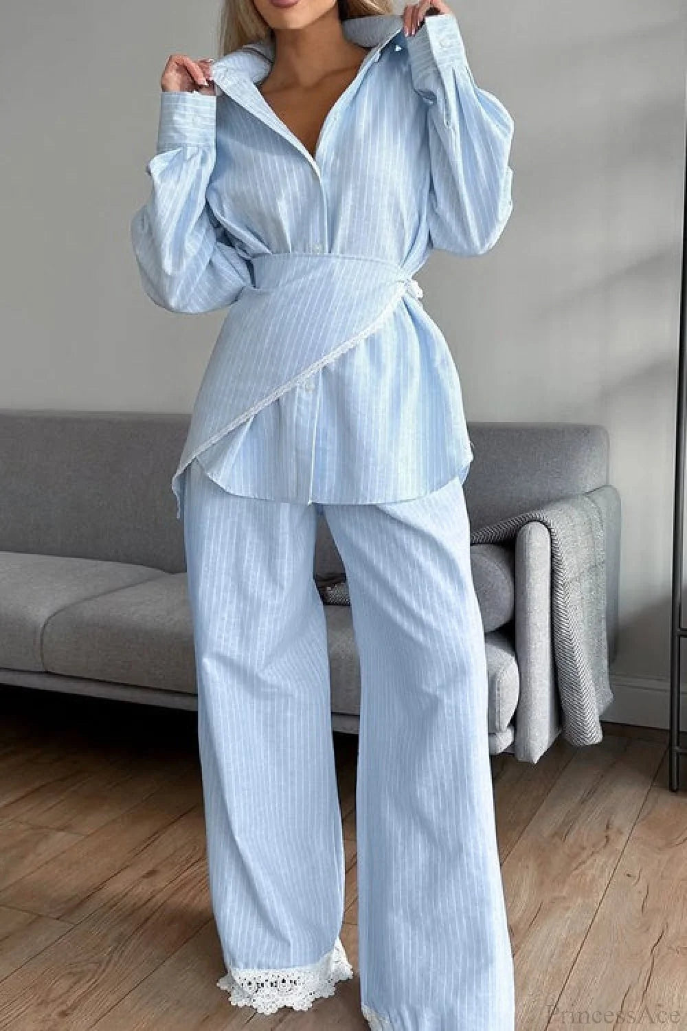 Striped Lace Casual Long Sleeve Pants Scarf Three Piece Set Blue / S