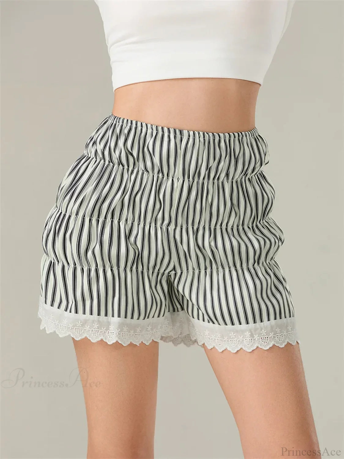 Striped Lace Lantern Ruched Short short-250223